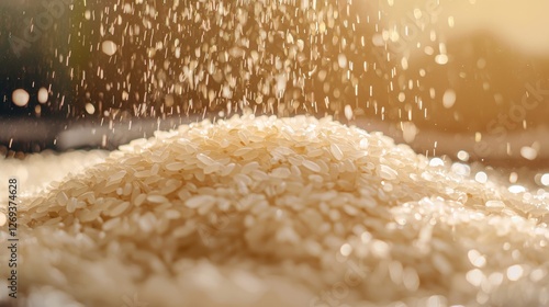 This imagery showcases grains of rice beautifully illuminated by natural light, ideal for visual concepts involving drying techniques for moisture-damaged devices.