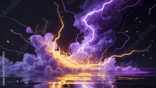 Abstract impact of midnight purple and shining gold glowing lightning sparks effects anime on plain black background