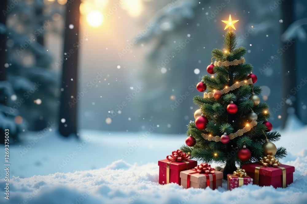 Small decorated Christmas tree with ornaments and ribbons in a snowy forest, presents, snowflakes Small decorated Christmas tree with ornaments and ribbons in a snowy forest, presents, snowflakes