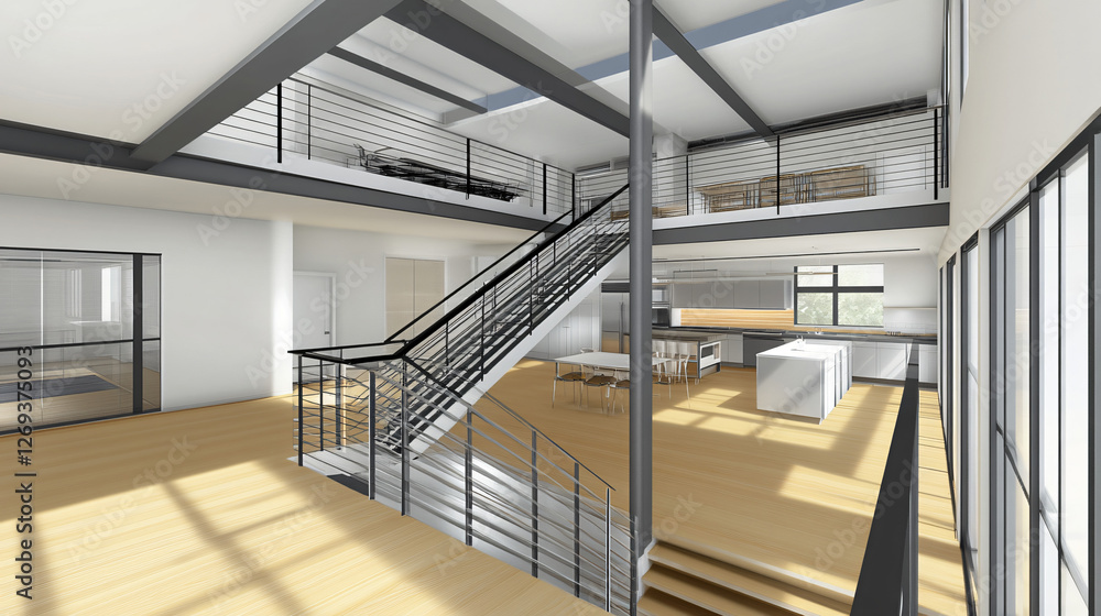 Obraz premium Elegant modern living room with light wood floors, black steel railing staircase, and an open-concept kitchen area featuring stainless-steel appliances and large glass windows to allow ample natural l