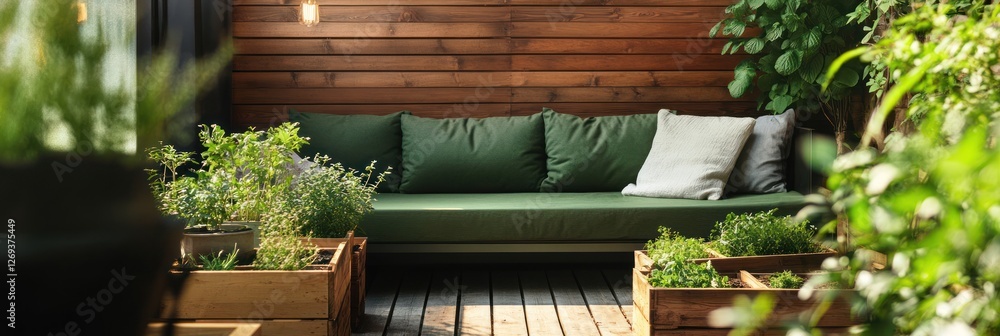 Serene Outdoor Patio With Green Sofa and Lush Plants Serene Outdoor Patio With Green Sofa and Lush Plants