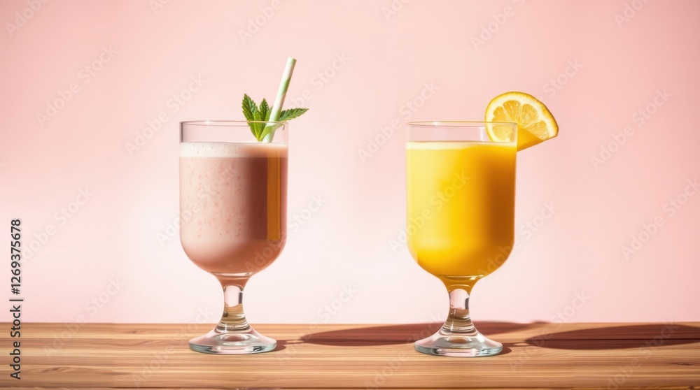 Refreshing beverages: pink smoothie with mint and a vibrant yellow juice, perfect for a sunny day. Refreshing beverages: pink smoothie with mint and a vibrant yellow juice, perfect for a sunny day.