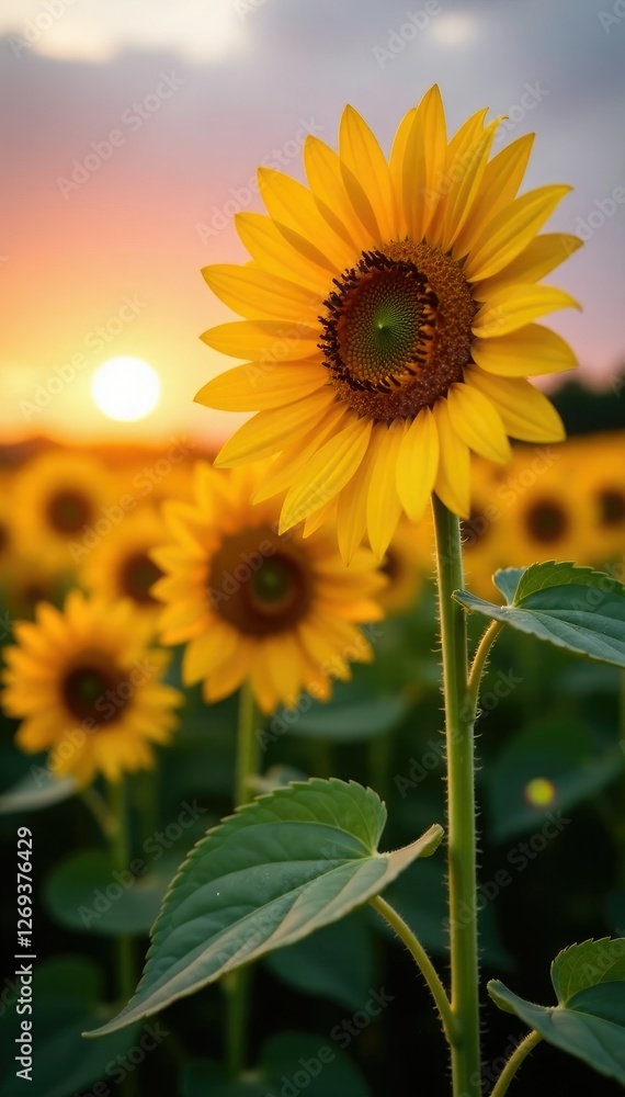 Fototapeta premium Sunflowers swaying in the gentle evening breeze, sunset, sunflower