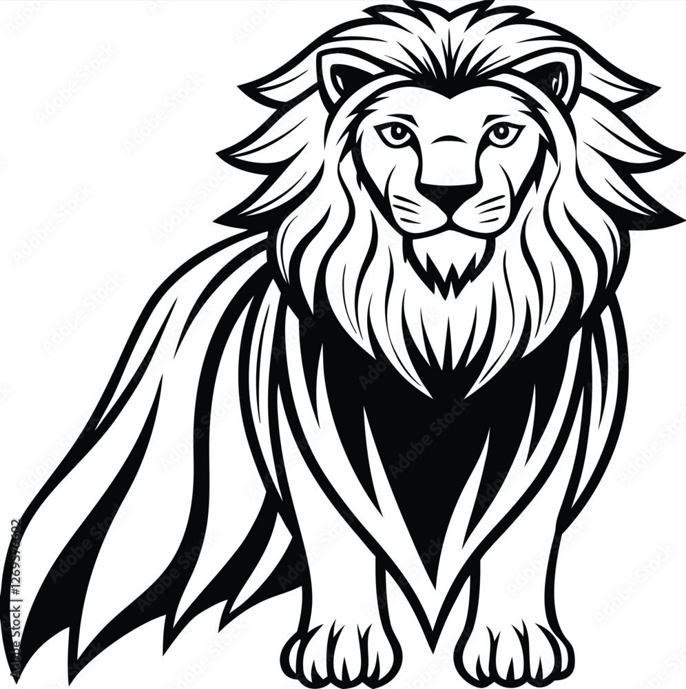 Obraz premium Simple majestic royal king ferocious angry wild lion body, face, mascot logo, crown symbol, black and white symbol design elegant logo premium luxury brand identity icon silhouette vector image 