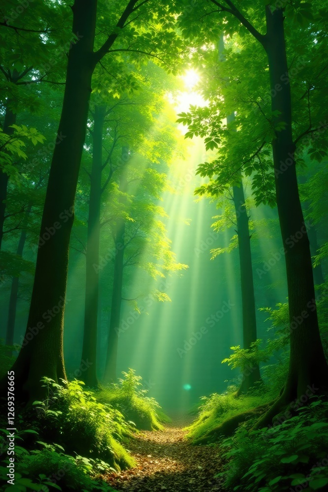 Obraz premium Sunlight filtering through dense forest canopy, natural, canopy, greenery