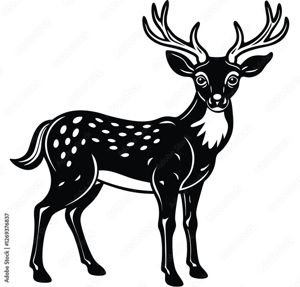 Fototapeta premium Adorable fawn-spotted reindeer black and white graphic image silhouette isolared vector design drawing style with a white background 