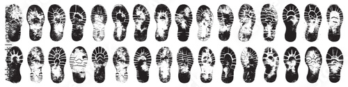 Footprints human shoes silhouette, vector set. Shoe soles print. Isolated on white background. Foot print tread, boots, sneakers