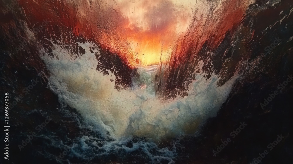 Naklejka premium Fiery sunset ocean wave crash, fantasy art