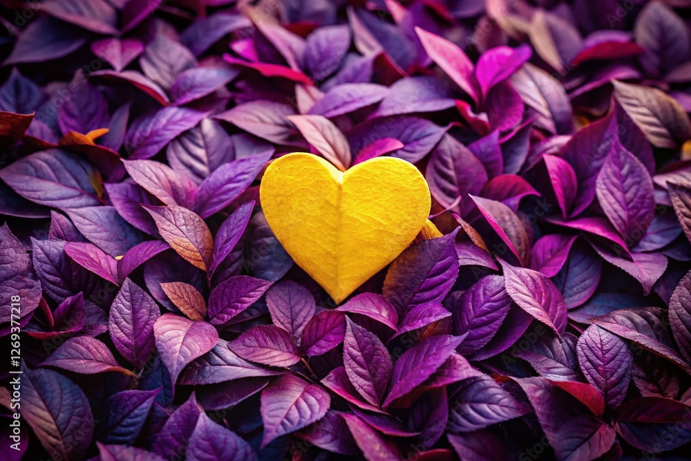 Obraz premium Whimsical Valentine's Day Heart: Purple & Yellow Paper on Lush Leaves