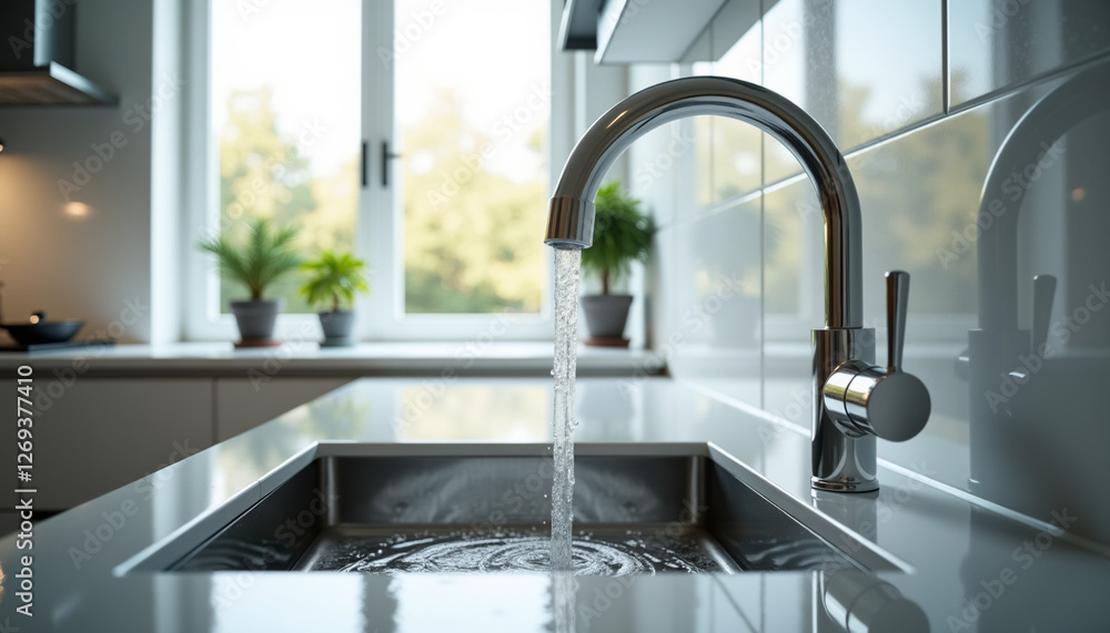 Modern kitchen sink with running water Modern kitchen sink with running water