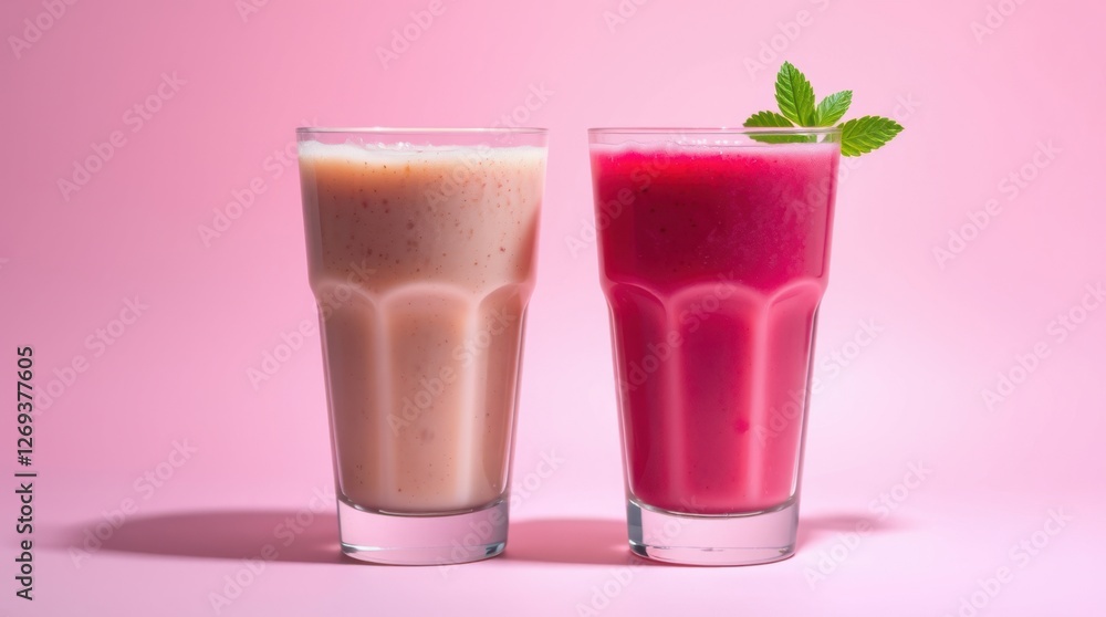 Two colorful smoothies against a pink backdrop, one garnished with mint, offering a vibrant, refreshing scene. Two colorful smoothies against a pink backdrop, one garnished with mint, offering a vibrant, refreshing scene.
