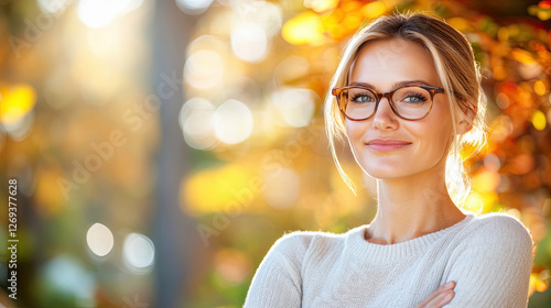 Young Woman in a Cozy Sweater Enjoys a Sunny Autumn Day Surrounded by Colorful Leaves in a Park Setting