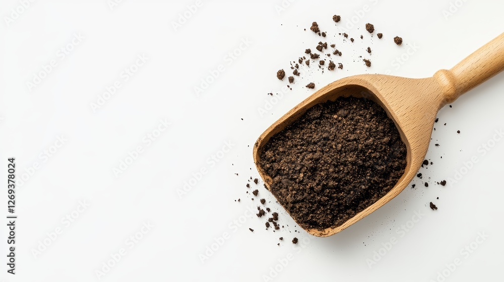Wooden Soil Scoop with Fresh Soil on White Background Above Wooden Soil Scoop with Fresh Soil on White Background Above