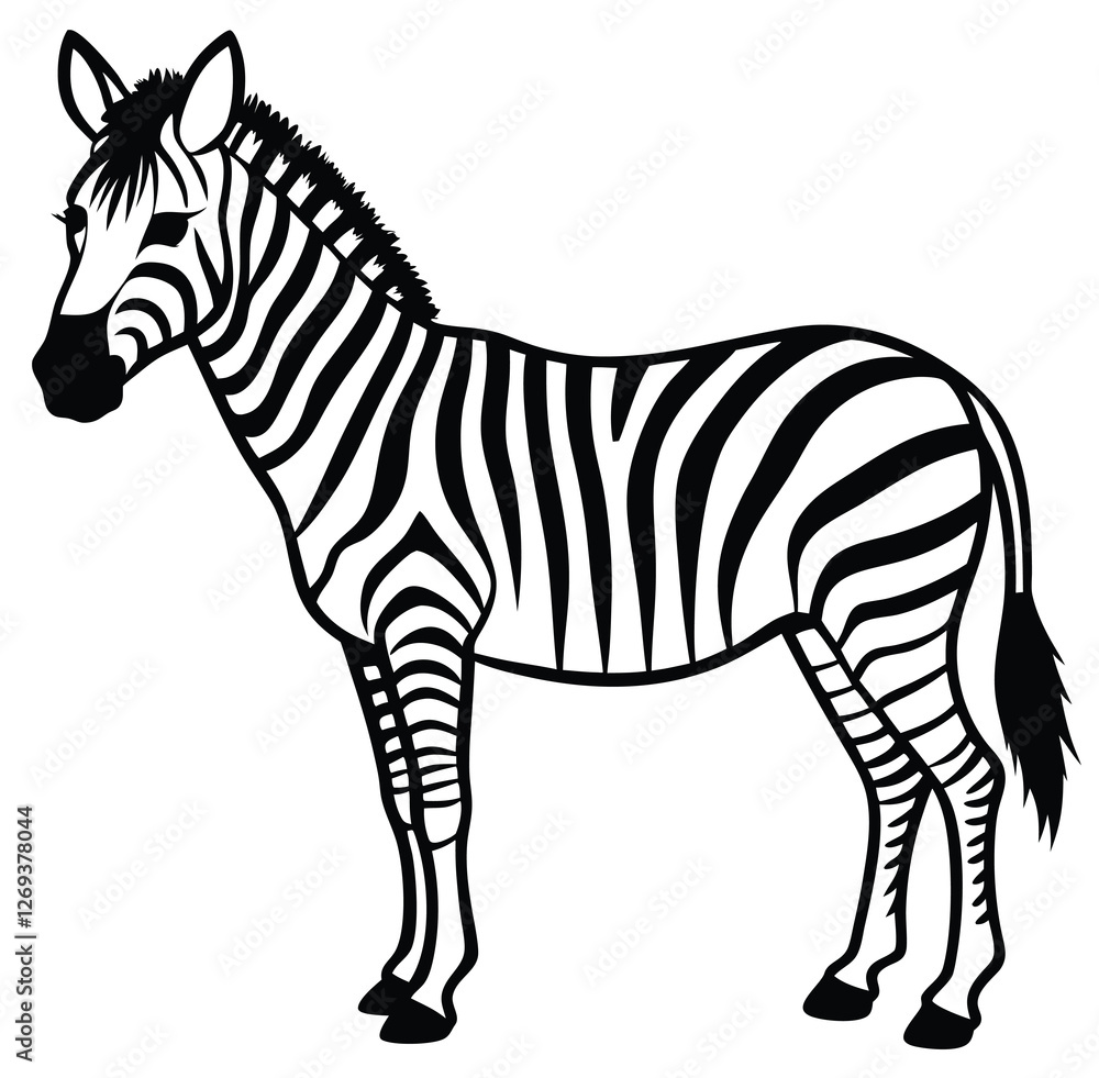 Obraz premium Striped zebra, a wild mammal with black and white stripes isolated on white, cartoon design vector sketch freehand outline hand drawn picture sketchy line art icon sign silhouette illustration