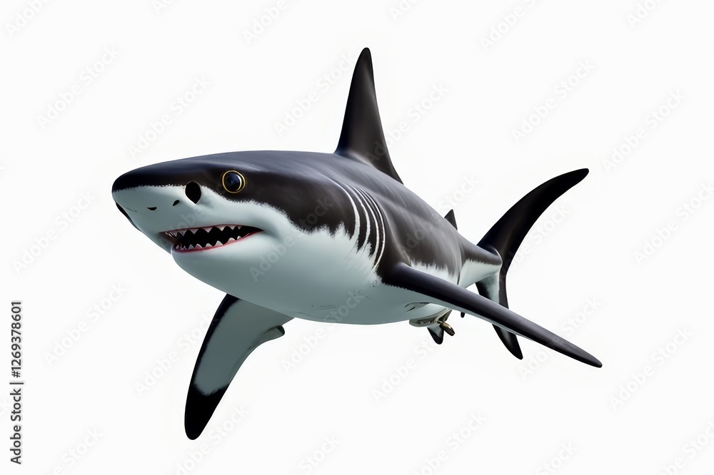 Fototapeta premium Realistic depiction of blacktip shark showcasing its sleek design and distinctive features in aquatic environment. Concept focuses on blacktip shark in dynamic swimming pose.