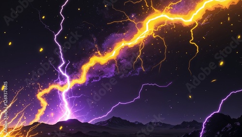 Abstract impact of radioactive yellow and deep space violet glowing lightning sparks effects anime on plain black background