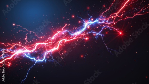 Abstract impact of red and blue glowing lightning sparks effects anime on plain black background