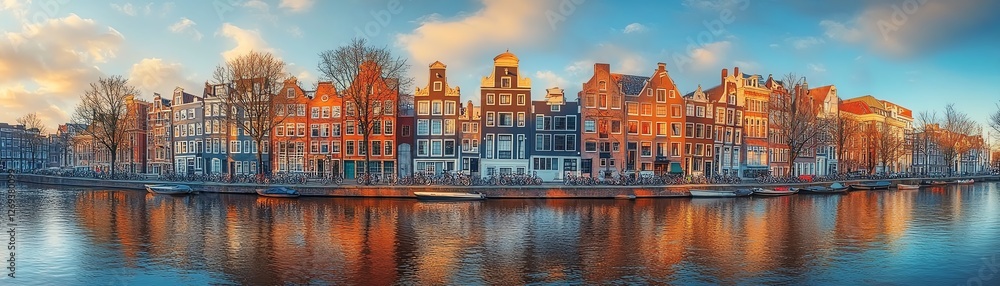 Amsterdam waterways with bicycles, charming colorful houses, reflections on the canal, warm sunlight, tranquil city atmosphere, highdefinition digital art, historical vibe Amsterdam waterways with bicycles, charming colorful houses, reflections on the canal, warm sunlight, tranquil city atmosphere, highdefinition digital art, historical vibe