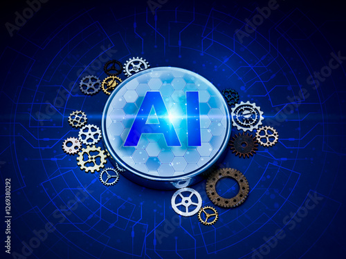 AI management tools, development technology assistant service automation concept. AI icon on chrome button with small gears and cogwheels on blue background with abstract futuristic circular circuit.