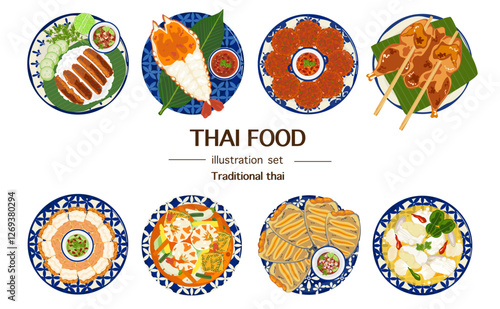 Set of traditional Thai food vector illustrations for meals and single dishes. Delicious food. Banner. Flat. Grilled chicken, grilled shrimp, fish cakes. Top view, menu, restaurant for food design.