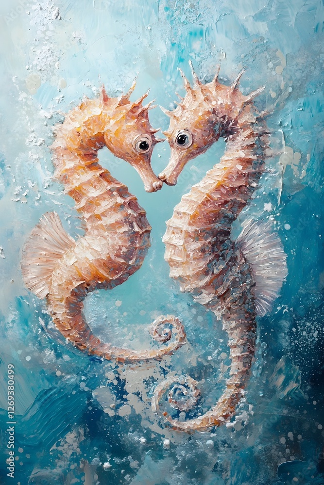 Fototapeta premium Intertwined Seahorses Forming a Romantic Heart in Soft Pastel Underwater Painting