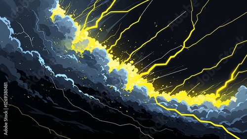 Abstract impact of stormy gray and neon yellow glowing lightning sparks effects anime on plain black background