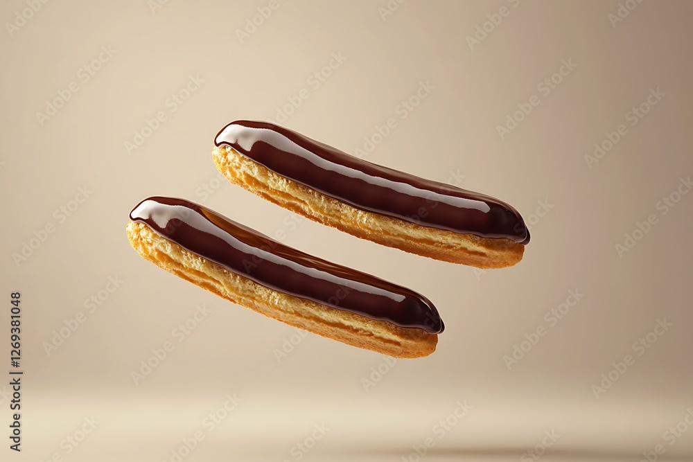 Delicate Chocolate Eclairs in Mid-Air Delicate Chocolate Eclairs in Mid-Air