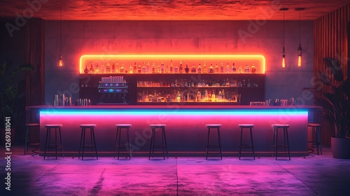 Futuristic bar counter with a vibrant cocktail under neon lights