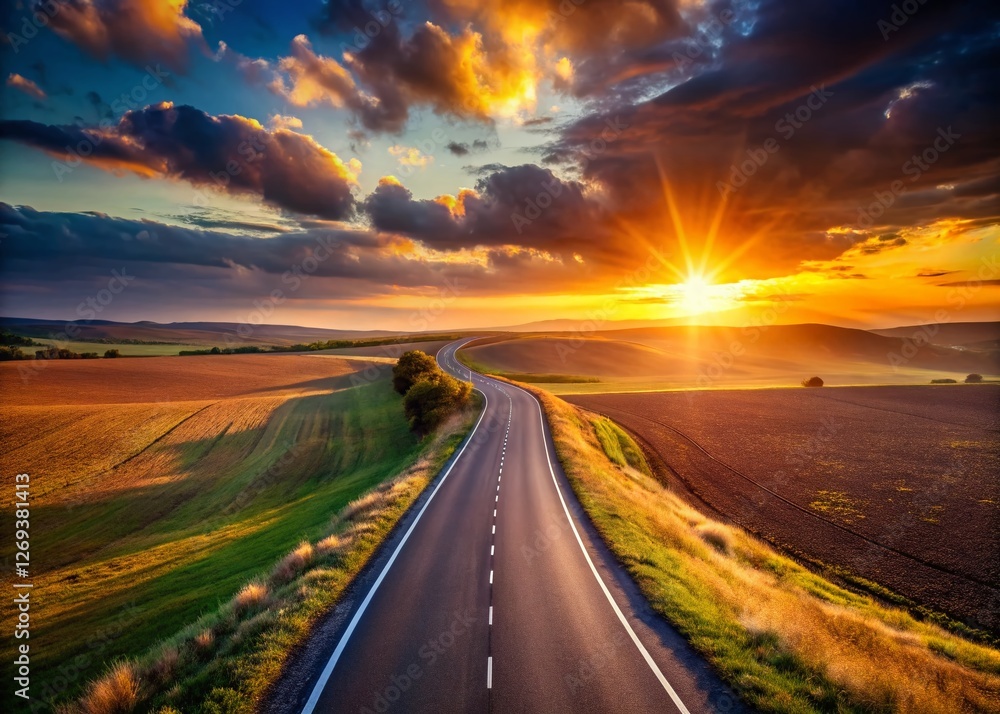 Naklejka premium Winding Road to Sunset: Minimalist Journey Photography