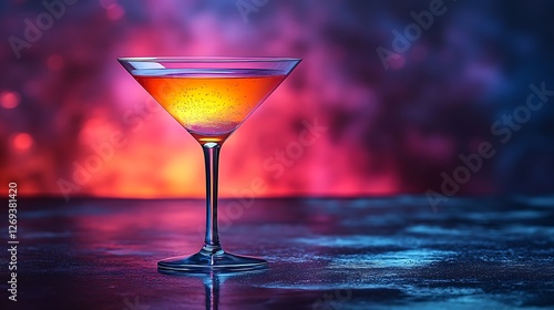 Elegant martini glass glowing with neon hues against a moody background