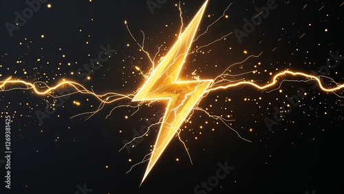 Abstract impact of thunderbolt gold glowing lightning sparks effects anime on plain black background