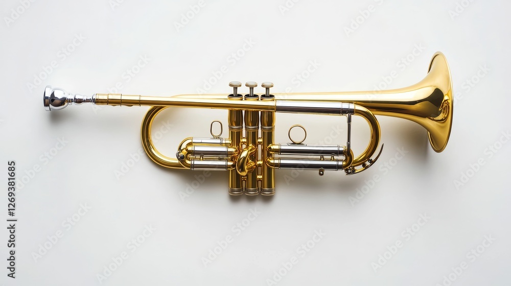 Obraz premium Toy Trumpet on White Surface with Copy Space for Creative Designs