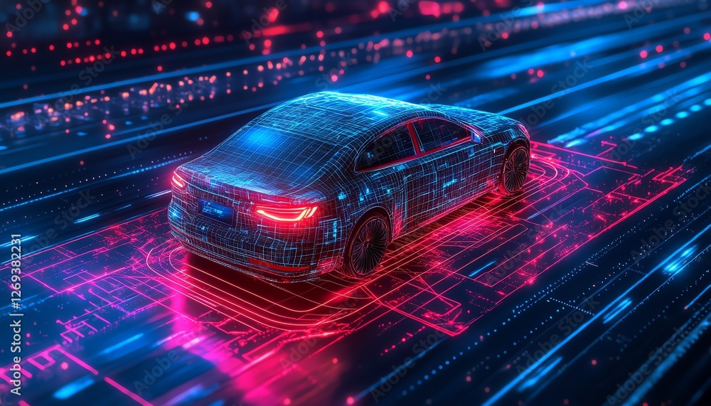 Futuristic AIdriven smart car, road hazard detection, IoTenabled autonavigation, 3D holographic sensors, realtime digital feedback, neon cyber grid, highdefinition illustration Futuristic AIdriven smart car, road hazard detection, IoTenabled autonavigation, 3D holographic sensors, realtime digital feedback, neon cyber grid, highdefinition illustration