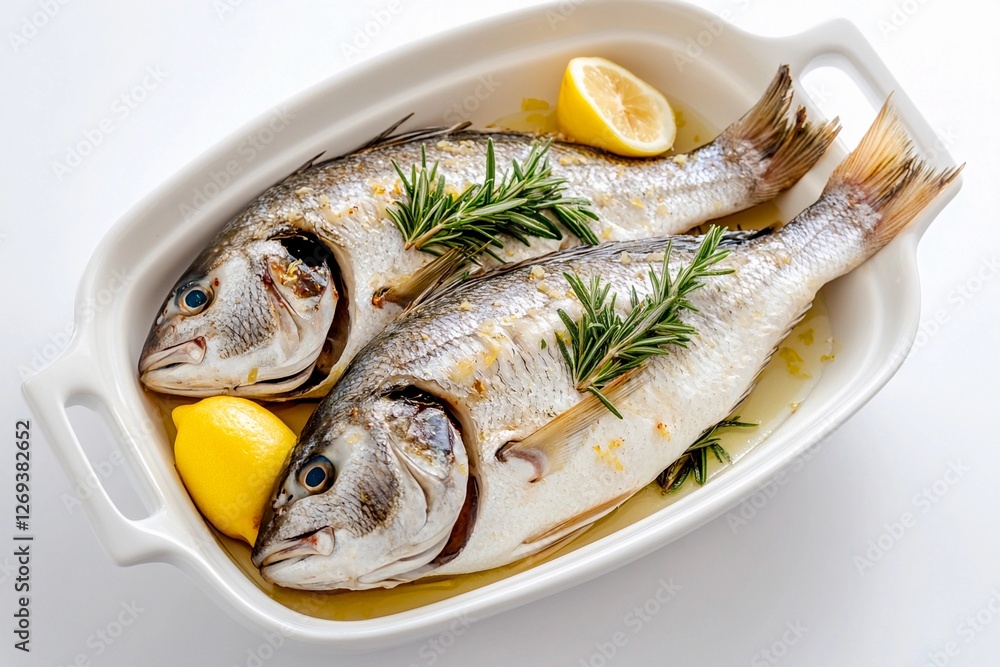 Freshly prepared fish garnished with lemon and herbs for a savory dining experience Freshly prepared fish garnished with lemon and herbs for a savory dining experience