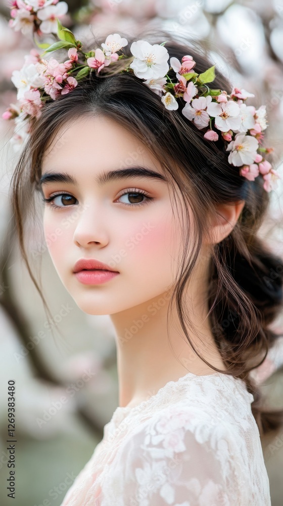 A mesmerizing, soft-focus portrait of a young woman with a handmade floral crown A mesmerizing, soft-focus portrait of a young woman with a handmade floral crown