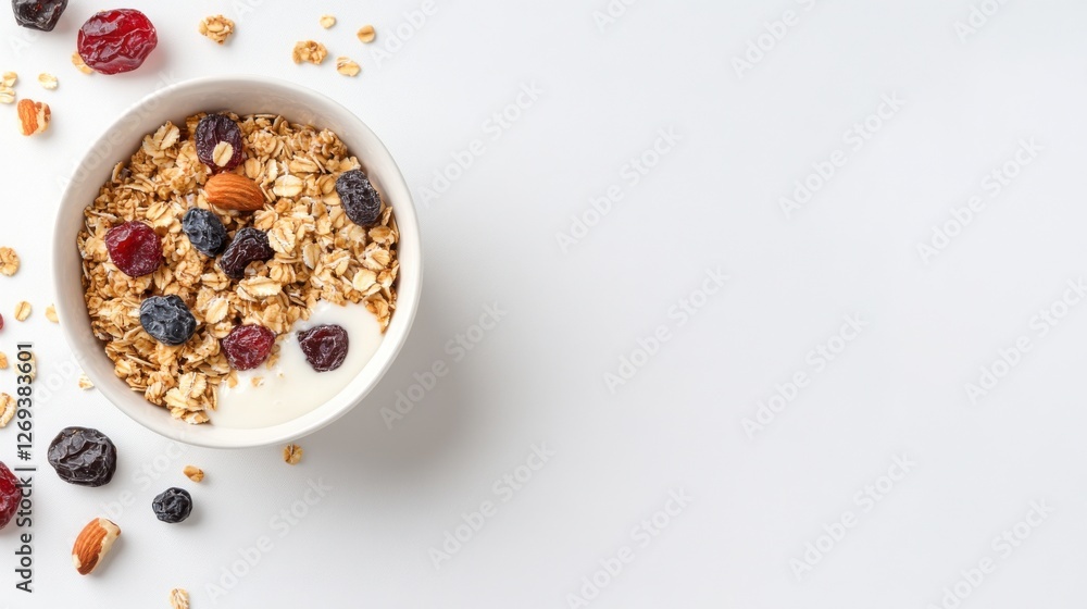 Healthy granola bowl with yogurt and mixed berries on white background Healthy granola bowl with yogurt and mixed berries on white background