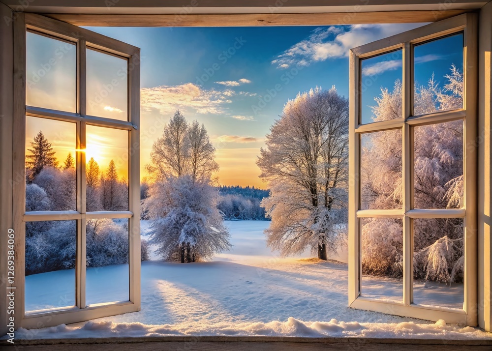 Fototapeta premium Winter Wonderland View: Snowy Landscape Seen Through Frosty Windowpane