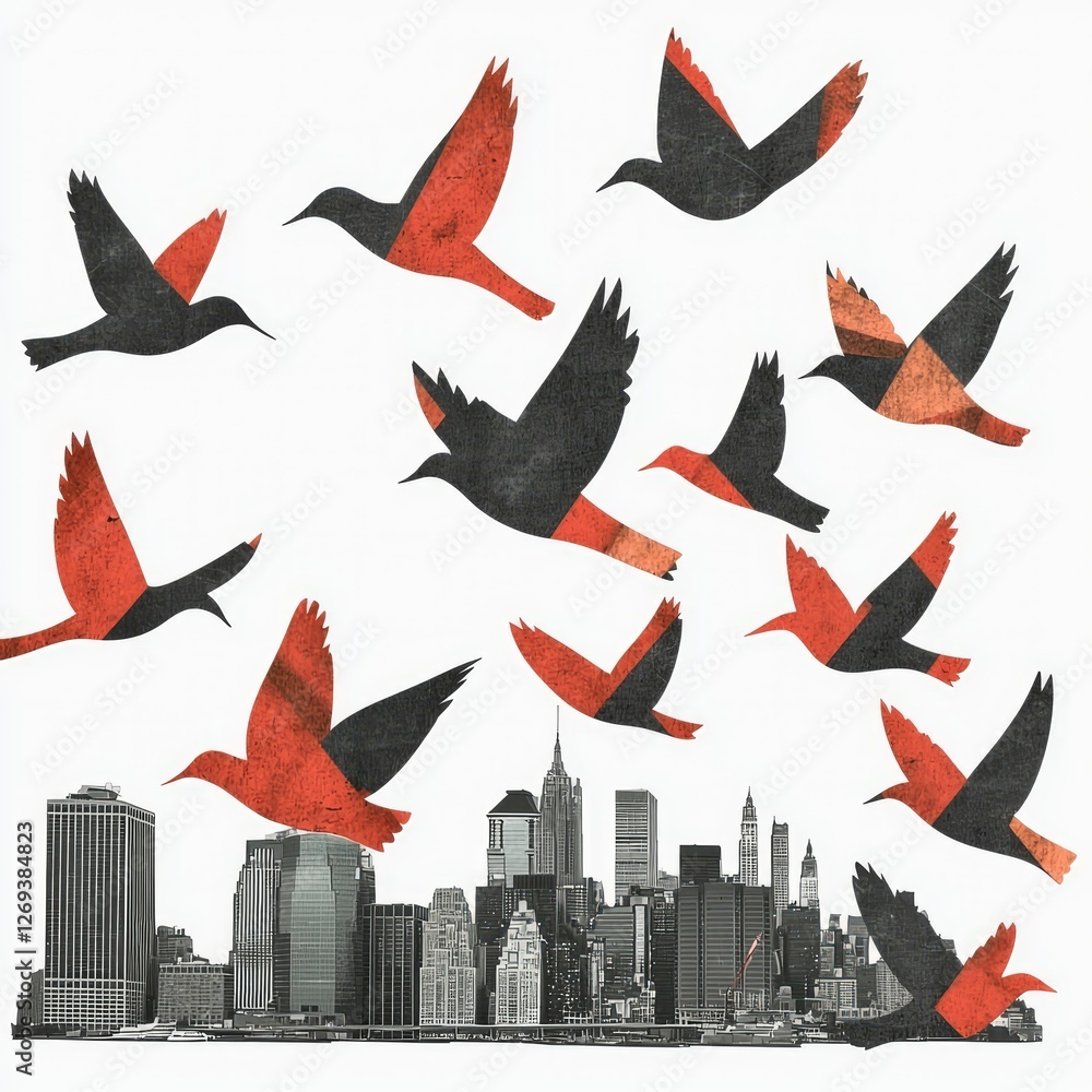 Fototapeta premium Abstract Birds Flying Over New York City Skyline