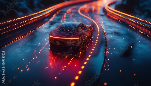 Nextgen selfdriving car, IoTconnected smart navigation, AIenhanced road hazard detection, topdown futuristic interface, glowing sensor grid, hyperdetailed cyberpunk highway, 8K photo