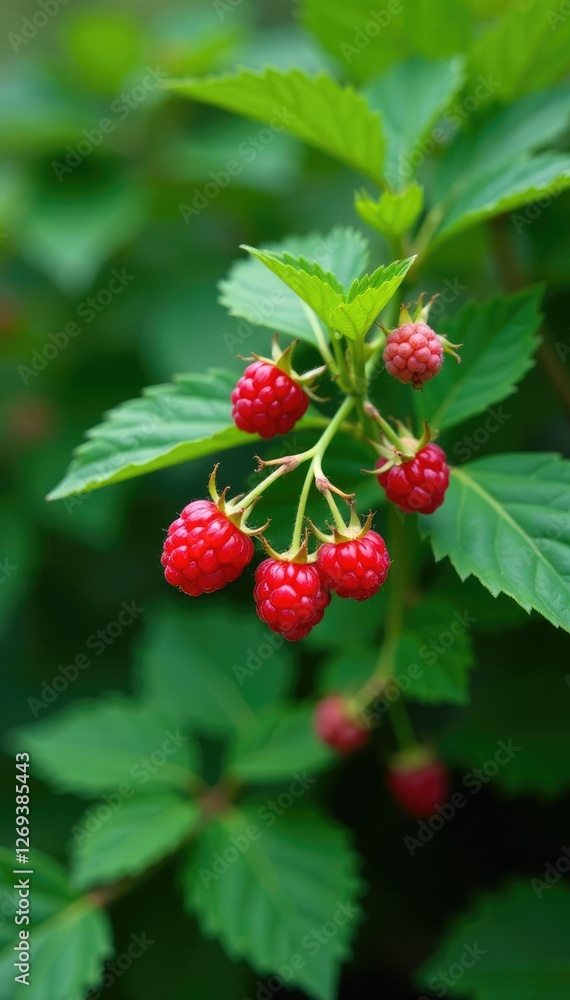 A raspberry bush with long, slender leaves and red berries, greenery, fruiting A raspberry bush with long, slender leaves and red berries, greenery, fruiting