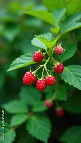 A raspberry bush with long, slender leaves and red berries, greenery, fruiting
