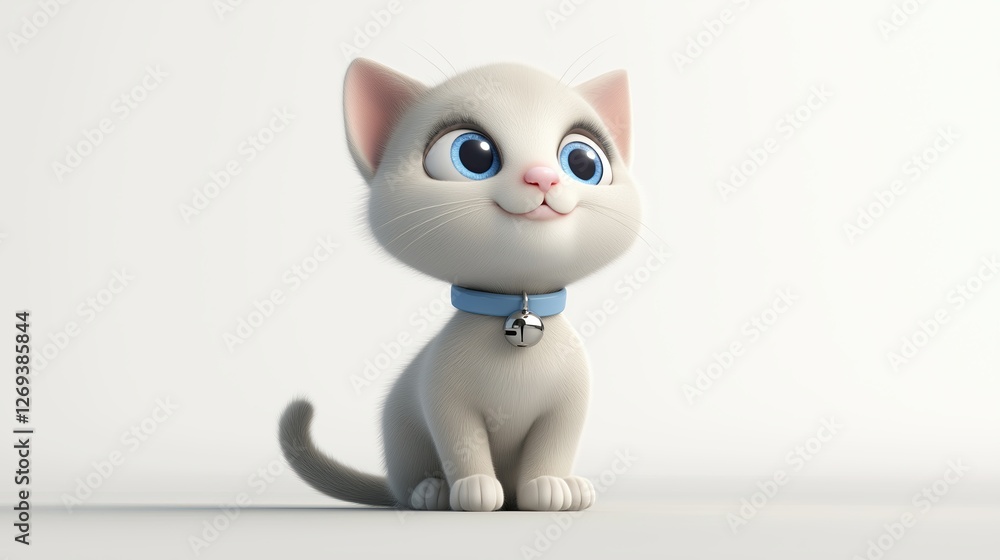 Obraz premium 3D rendering a cartoon illustration of a cat sitting on a white background. The cat is light grey in color with a blue collar around its neck.