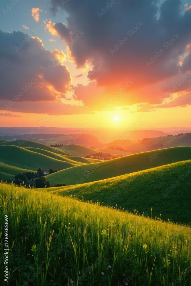 Obraz premium A serene landscape of rolling hills with a warm golden light at sunset, hills, country