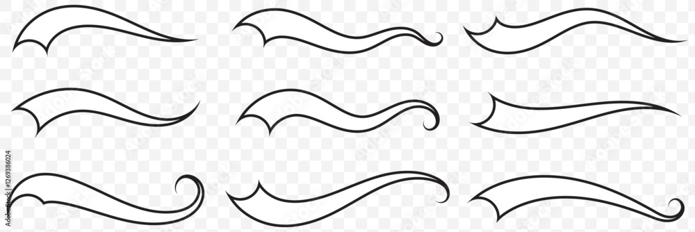 Swash and swoosh tails set . Swash and swooshes tails typography set, brush curve on transparent Background.  EPS 10. 