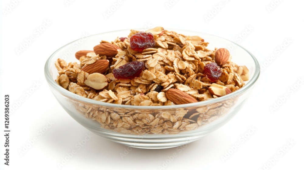 Glass bowl of granola with almonds and dried cranberries on white background Glass bowl of granola with almonds and dried cranberries on white background