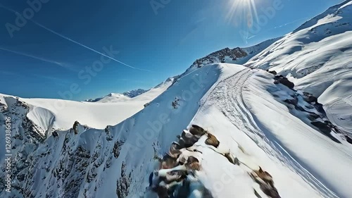 Aerial view flying over picturesque mountain ridge snowy rock