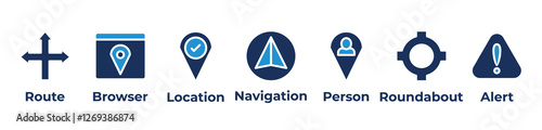 Navigating the Path Icons set vector illustration with route browser location navigation person roundabout alert