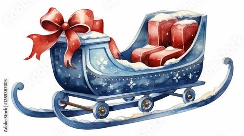 A festive blue sleigh adorned with a red bow, filled with red presents, perfect for holiday celebrations.