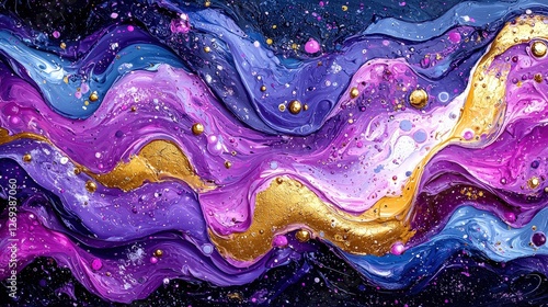 Abstract painting featuring mysterious blend of purple and gold paint textures