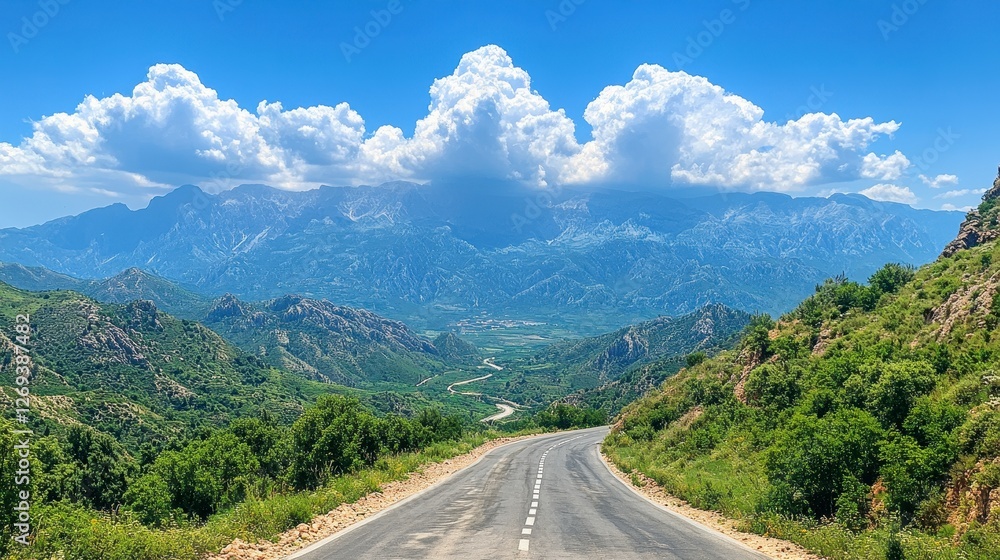Mountain road journey, scenic valley view, summer travel Mountain road journey, scenic valley view, summer travel
